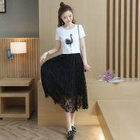 FINDSENSE G5 韓國時尚 短袖 圓領 天鵝 白色 T恤＋黑色 紗裙 兩件套 套裝