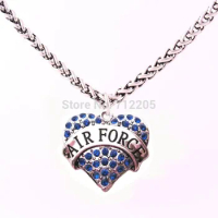 rhodium plated Lobster Claw Wheat Link Chain with Large Clasp with crystal AIR FORCE heart necklace