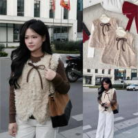 COD [HÀNG SẴN] Áo gile lông be nâu đính nơ nâu nhỏ lót gió lụa “UNICHIC”