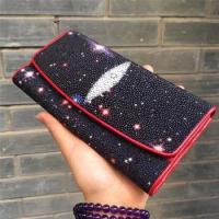 Authentic Real True Stingray Skin Female Long Trifold Wallet Genuine Exotic Leather Lady Chic Star Clutch Women Large Card Purse