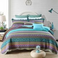 Cotton Printed Bedspread Quilt Set 3PCS Bohemia Stripe Bedspread on the Bed with Shams Queen Size Summer Coverlet