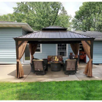 12’ X 14’ Outdoor Gazebo, Aluminum Frame Canopy with Galvanized Steel Double Roof, with Curtains and Netting, Outdoor Gazebo