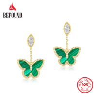 Green Butterfly Earrings 925 Sterling Silver Natural Malachite Long Drop Women Earrings 10K Gold Plated Zircon Versatile Jewelry