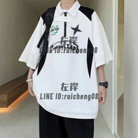 港風美式設計感POLO衫短袖T恤男夏季寬鬆潮流賽車服情侶炒【雲木雜貨】