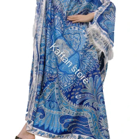 Thailand Popular Vacation Bohemian Twill Silk Printed Loose Batwing Sleeve Feather Kaftan Dress African Lady Abaya Clothing