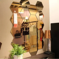 12pcs Hexagon Mirror Wall Stickers Acrylic Self Adhesive Gold Silver Black Tiles Decals Diy Household Decorative Sticker 4x4.6cm