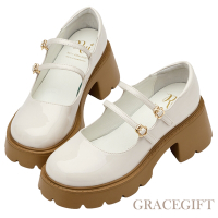 【Grace Gift】小貓聯名-英式學院風2WAY輕量厚底瑪莉珍鞋 米漆