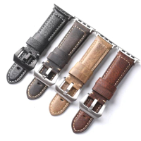 For Applewatch Strap Leather Iwatch8 Ultra 49MM 45MM First Layer Cowhide Leather Watchband Thickened Men's Watch Bracelet
