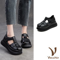 【Vecchio】真皮涼鞋 厚底涼鞋/真皮頭層牛皮復古鬆糕厚底包頭涼鞋(黑)