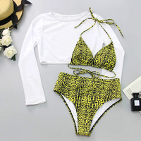 2022 neon yellow crop top women's swimwear summer beachwear knitted long sleeve cover ups top three piece swimsuit bikini 4iu set