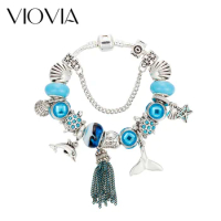 VIOVIA Trollbeads Ocean Style Bracelets &amp; Bangles Blue Crystal Silver Color Dolphins Charm for Women Gifts DIY Jewelry B17094