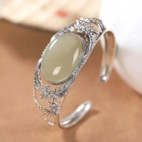 Vintage silver inlaid natural Hetian jade flower hollow bangles for women elegant ethnic style wedding engagement jewelry