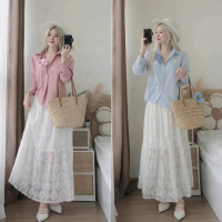Set Bộ Nữ Nàng Thơ Áo Sơ Mi Lụa Chéo Tay Dài Phối Chân Váy Ren Maxi Dáng Dài Đi Biển Du Lịch Tôn Dán