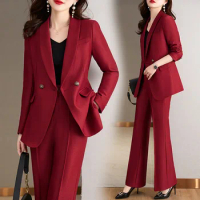 Tesco Autumn Women's 2 Piece Blazer And Pants Solid Suits Shawl Lapels Blazer Wide Leg Trouser Sets For New Year ropa de mujer