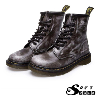 【SOFT WALK 舒步】歐美經典款8孔綁帶真皮馬丁靴 短靴 工程靴(擦色灰)