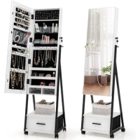 CHARMAID Rolling Jewelry Cabinet with Full Length Mirror, Lockable Standing Jewelry Armoire with Wheels, Steel Legs, Lipstick