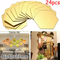 24Pcs Gold 3D Mirror Hexagon Wall Stickers Removable Decal Mural DIY Decorative Mirror Paste Living Room Decals Home Decoration