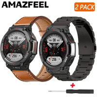 2Pack Metal Leather Strap for Amazfit T Rex 2/T REX Pro Watch Band Bracelet For Amazfit T-Rex 2/T-Rex Pro Stainless Steel Belt