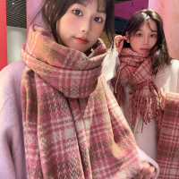 新款干枯玫瑰粉格子圍巾冬季流蘇百搭加厚披肩保暖圍脖韓系氛圍感