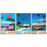 Japanese artist Hiroshi Nagai pop art, tropical atmosphere, coastline of Lovers Point, urban pop art 80s beach summer poster