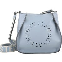 Stella McCartney Logo 雷射穿孔字母織帶迷你斜背包(灰藍色)