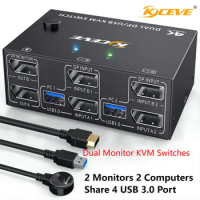 KCEVE Displayport KVM Switch 2 Monitors 2 Computers 8K@30Hz 4K@144Hz,USB3.0 Dual Monitor KVM Switches DP1.4 with 4 USB 3.0 Port