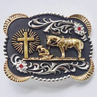 Hot Sale Cowboy With Diamonds Cross And Horse Western Belt Buckle Black With Gold
