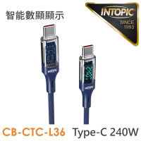 INTOPIC Type-C PD240W智能數顯極速充電傳輸長線(CB-CTC-L36) Type-C to Type-C 快充 螢幕顯示