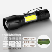 【光之寶】迷你LED伸縮變焦手電筒 USB充電款(附收納盒 強光爆閃側燈 進口燈芯 三段夾扣設計)