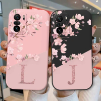 For Poco F3 PocoF3 Phone Case Pink Flowers Initial Letter A To Z Silicone Soft Cover For Xiaomi Poco F 3 Alphabet Capa Shell