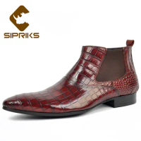Sipriks Big Size 37 45 Wine Red Chelsea Boots Mens Wine Red Leather Zip Shoes Fashion Printed Crocodile Skin Cowboy Ankle Boot