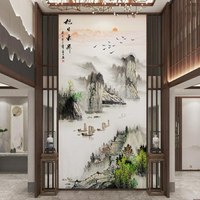 新中式18d水墨山水畫玄關背景墻布8d旭日東升裝飾墻壁紙過道壁畫
