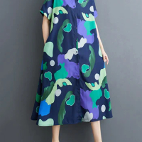 XITAO Casual Short Sleeve A-line Dress Fashion Print Turn Down Collar Single Breasted Temperament All-match Dress DMJ4096