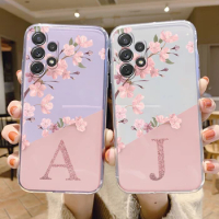 Initial Letter Case For Samsung A32 4G Capa A32 5G Fashion Phone Cover Pink Flowers Alphabet Transparent Funda For Samsung A32