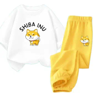 Summer 3-1 Yrs Children Set Casual Style Short Sleeved Shiba Inu T-shirt Top+ Long Pants Kids Tracksuit 2PCS Outfit Sets