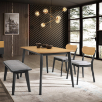 Boden-堤恩工業風4尺餐桌椅組合-原木色(一桌二椅一長凳)-120x75x75cm