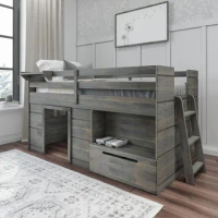 Solid Wood Low Loft Bed With Storage Drawer and Ladder Kids Bed Frame Driftwood Bases &amp; Frames Children Furniture