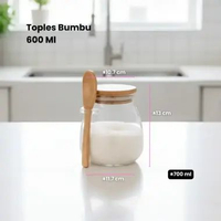 Toples Bumbu 350ml & 600ml Tobu Tempat Bumbu Aesthetic Kaca Tutup Kayu Sendok Wadah Bumbu 1 Set 600 