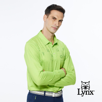 【Lynx Golf】男款合身版吸濕排汗Lynx Golf字樣線條印花長袖POLO衫-黃綠色
