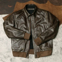 A2 Olive Top Layer Cowhide Leather Jacket Vintage Rubbed Leather Lapel Jacket Men's Flight Suit Leather Jacket