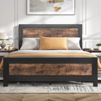 King Size Bed Frame with 4 Storage Drawers, Rivet Modern Headboard and Footboard Platform, Metal Wood Bed Frame