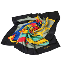 【近全新】CELINE 義大利製100%蠶絲字母LOGO流蘇蹄鐵圖騰大絲巾(粉綠底/黑邊/88CM/展示品出清)
