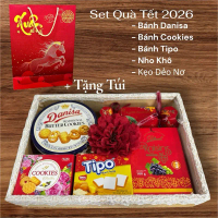 Set Quà Tết 2026 - Bánh Danisa Cookies Bánh Tipo Nho Khô Kẹo Dẻo Nơ Tặng Túi Sang Trọng