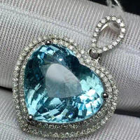 Fine Jewelry Real 18K White Gold AU750 Natural Blue Aquamarine 9.9ct Gemstones Diamonds Lady's Pendants for Women Fine Necklace