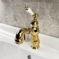 水龍頭 法式復古抽拉水龍頭 黃銅面盆洗手盆龍頭 浴室金色陶瓷把手冷熱水頭
