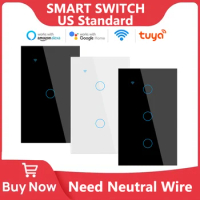 Tuya WiFi Smart Light Switch Neutral Wire Required Wall Touch Switch US Smart Life Work with Alexa Google Home 1/2/3/4 Gang