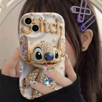 Disney's Stitch phone case features a shiny, jeweled design and is compatible with various Apple iPh