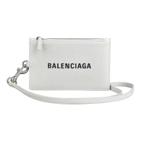 【Balenciaga 巴黎世家】BALENCIAGA燙印黑字LOGO小牛皮拉鍊勃掛零錢卡夾包(白)