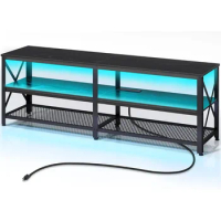 TV Cabinet with Power Socket and LED Light, 63 Inch Long TV Media Console, TV Cabinet