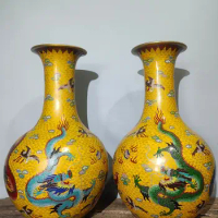 24"Tibetan Temple Collection Old Bronze Cloisonne Enamel Chinese Loong Pattern Bottle Vase A Pair Amass wealth Ornaments